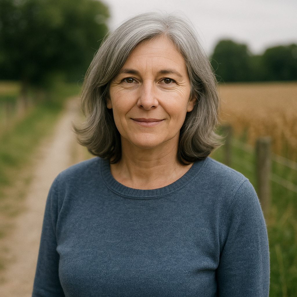 Portrait d’Anne-Marie, femme européenne de 57 ans aux cheveux poivre et sel mi-longs, dans un environnement agricole, témoignage pack coaching divorce profil psychologique particulier.