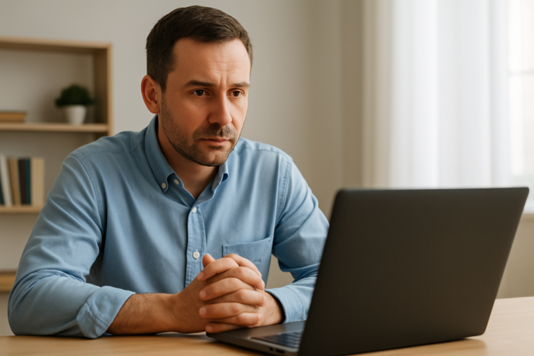 Homme assis derrière un bureau en chemise bleue, suivant une séance de coaching divorce en visioconférence sur son ordinateur
