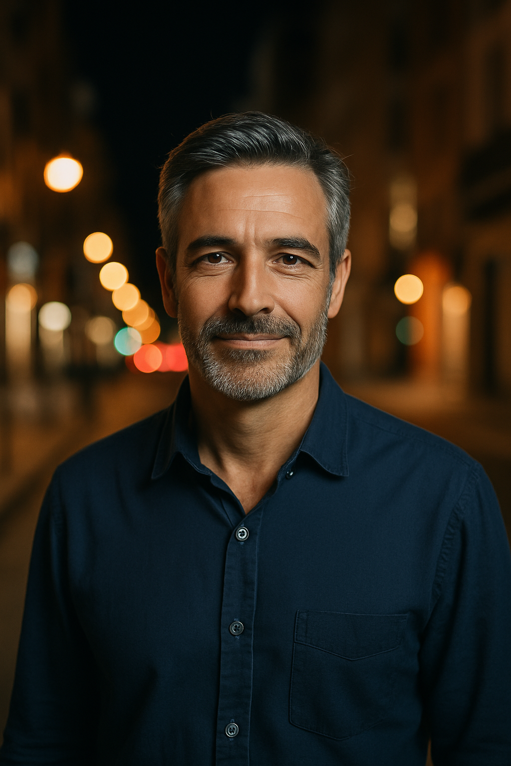Portrait de Patrick, homme européen de 54 ans, cheveux poivre et sel, photographié en extérieur de nuit dans un environnement urbain, illustration d’un témoignage sur le coaching divorce et séparation.