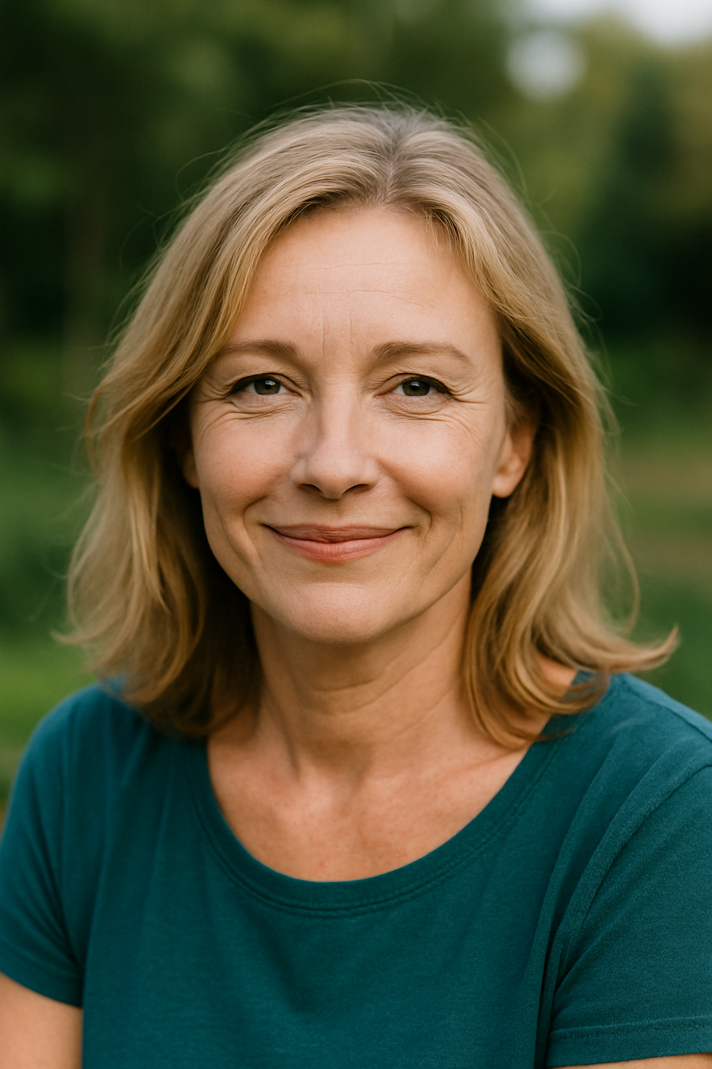 Portrait de Véronique, 49 ans, femme souriante aux cheveux châtains mi-longs, illustrant son témoignage après une séance de coaching divorce et séparation