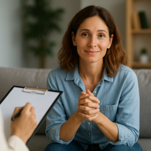 Femme rassurée assise sur son canapé, illustration des bénéfices du coaching divorce et séparation pour retrouver confiance et sérénité.