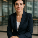 Portrait de Carole, femme brune aux cheveux courts en tailleur pantalon bleu marine rayé, en milieu professionnel, témoignage du pack se séparer d’un profil psychologique particulier