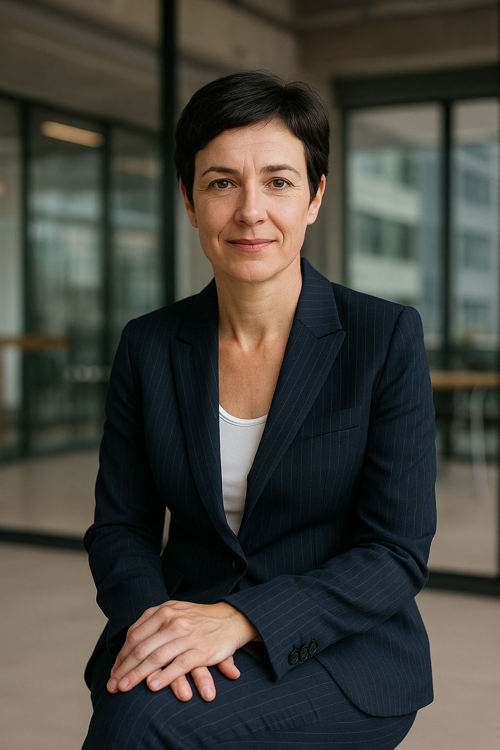 Portrait de Carole, femme brune aux cheveux courts en tailleur pantalon bleu marine rayé, en milieu professionnel, témoignage du pack se séparer d’un profil psychologique particulier