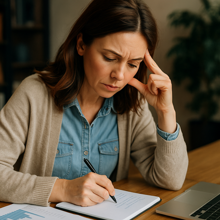 Femme en pleine réflexion devant son ordinateur, illustrant pourquoi le diagnostic divorce-séparation est unique et apporte un plan d’action clair.