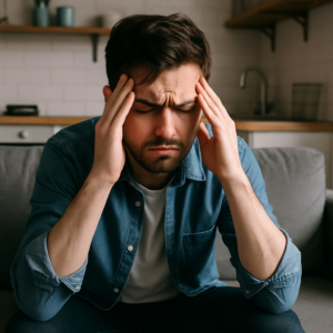 Homme stressé assis à son bureau, la tête dans les mains, illustrant le chaos émotionnel d'une séparation ou d'un divorce