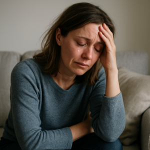 Femme européenne émotive assise seule sur son canapé après une crise d’angoisse et de larmes, illustrant la souffrance d’une séparation ou d’un divorce difficile.