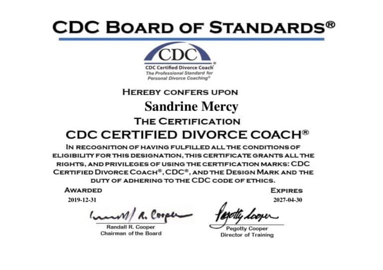 Certificat CDC Certified Divorce Coach — Sandrine Mercy, certifiée depuis 2019, valide jusqu'en avril 2027