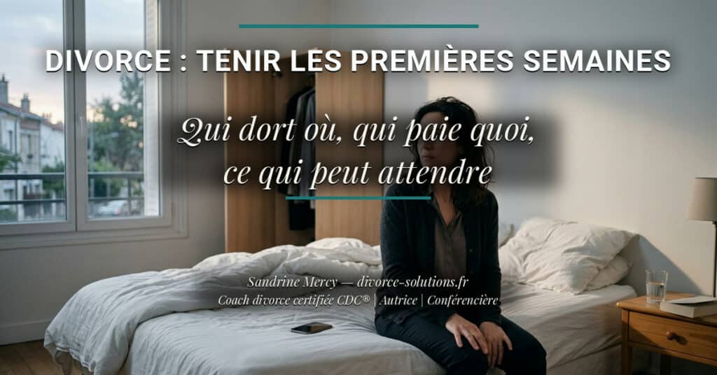 Une femme assise au bord de son lit, le regard au loin, au début d'un divorce ou d'une séparation