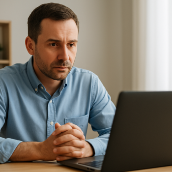 Homme assis derrière un bureau en chemise bleue, suivant une séance de coaching divorce en visioconférence sur son ordinateur