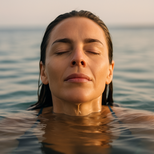 Femme qui sort de l’eau et reprend son souffle, illustration du bien-être et du soulagement apportés par le coaching divorce et séparation.