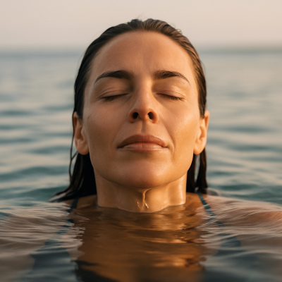 Femme qui sort de l’eau et reprend son souffle, illustration du bien-être et du soulagement apportés par le coaching divorce et séparation.