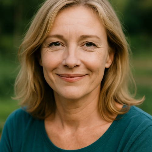 Portrait de Véronique, 49 ans, femme souriante aux cheveux châtains mi-longs, illustrant son témoignage après une séance de coaching divorce et séparation