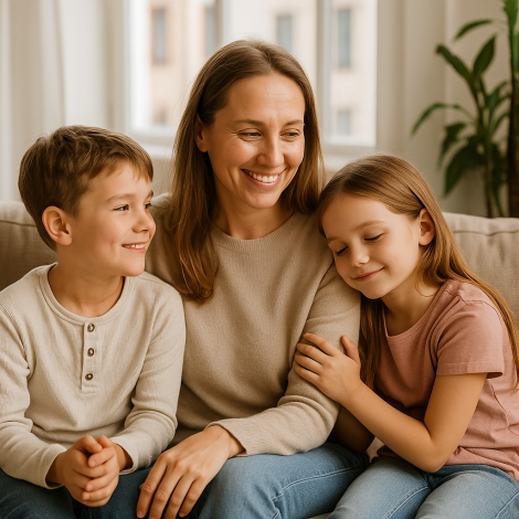 Mère divorcée européenne souriante avec ses deux enfants, famille monoparentale apaisée illustrant le pack coaching coparentalité de Sandrine Mercy